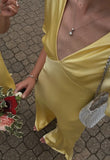 Simple Yellow A Line V Neck Sleeve Satin Long Prom Dress Evening Dress HZ1023