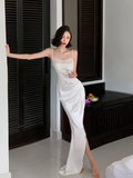 Elegant White Sheath Spaghetti Strap Lace Satin Long Prom Dress Vacation Dress with Slit HZ1023