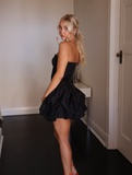 Cute A Line Strapless Black Satin Short Homecoming Dress Evening Dress HZ1023