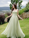 Gentle A Line Spaghetti Strap Green Chiffon Long Prom Dress Evening Dress HZ1023