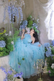 Princess Ball Gown Strapless Tiered Flower Blue Tulle Party Dress Birthday Dress HZ1023