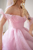 Star Sequin Pink A Line Straps Layered Tulle Date Dress Prom Dress Evening Dress HZ1023
