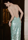 Shiny Blue Sequin One Shoulder Rhinestone Prom Dress Evening Dress Open Back HZ1023