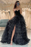 Black A Line Sweetheart Layered Tulle Prom Dress With Slit HZ1023