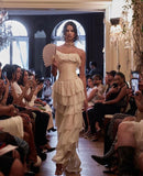 Unique Sheath Strapless Tiered Chiffon Satin Long Prom Dress Evening Dress HZ1023