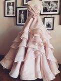 Gentle A Line Sweetheart Neck Flower Tiered Pink Tulle Long Party Dress Evening Dress HZ1023