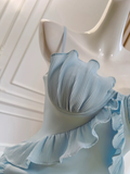 Gentle Sheath Spaghetti Strap Ruffle Blue Chiffon Prom Dress Wedding Guest Dress HZ1023