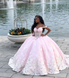 Princess Pink Ball Gown Off the Shoulder Appliques Tulle 16th Birthday Dress Prom Dress HZ1023