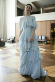 Gentle Baby Blue A Line Strapless Layered Chiffon Prom Dress Evening Dress with Cape HZ1023