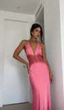 Pink A Line Halter Lace Satin Open Back Prom Dress Vacation Dress HZ1023