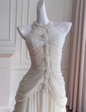 Elegant White A Line Halter Pearl Pleated Chiffon Prom Dress Vacation Dress HZ1023