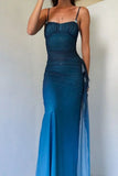 Sexy Sheath Spaghetti Straps Blue Ombre Chiffon Evening Dress Party Dress HZ1023