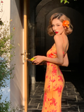 Sexy Sheath Spaghetti Straps Orange Print Floral Satin Long Prom Dress Outfits HZ1023