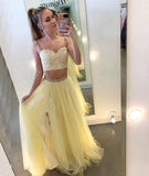 Yellow two pieces lace tulle long prom dress, yellow evening dress HZ1023