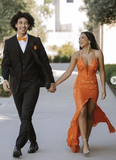 Orange V Neck Slit Prom Dress Long Evening Dress HZ1023