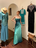 Simple A Line Halter Ombre Blue Satin Open Back Prom Dress Evening Dress HZ1023