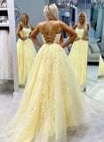 046, Hot Yellow tulle lace long prom dress party HZ1023