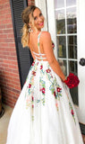 Charming V Neck Floral Embroidery Long Lace Prom Dress with Pocket HZ1023