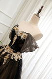 Black A Line Off the Shoulder Applique Tulle Long Formal Dress Prom Dress HZ1023