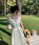 Bow Off The Shoulder Sexy Evening Dress White Fairy Party Prom Dress HZ1023