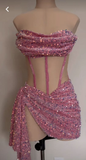 Sexy Pink Sequins Pleated Short Party Dress Prom Dress HZ1023