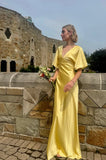 Simple Yellow A Line V Neck Sleeve Satin Long Prom Dress Evening Dress HZ1023