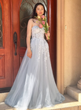 Elegant A Line Sweetheart Neck Corset Appliques Light Grey Tulle Prom Dress Evening Dress HZ1023