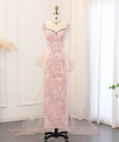 Pink Sheath Spaghetti Straps Rhinestone Sequin Tulle Prom Dress Evening Dress with Bow HZ1023