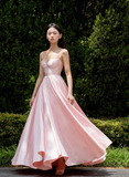 Pink Simple A Line Spaghetti Strap Satin Long Prom Dress 16th Birthday Dress HZ1023