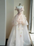 Floral A Line Off the Shoulder Pink Tulle Party Dress Evening Dress HZ1023