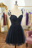 Navy Blue Spaghetti Straps Short Homecoming Dress With Appliques HZ1023