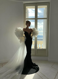 Elegant Mermaid Sweetheart Neck White Tulle Black Satin Prom Dress HZ1023