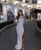 Sexy Halter White Sequin Mermaid Slit Prom Dress Black Girl Evening Dress HZ1023