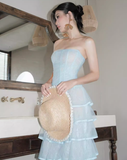 Baby Blue Sheath Strapless Layered Lace Tulle Prom Dress Evening Dress HZ1023