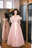 Elegant A Line Off the Shoulder Pink Tulle Long Party Dress Wedding Guest Dress HZ1023