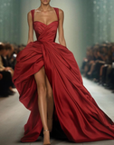 Elegant A Line Strap Burgundy Satin Long Prom Dress Evening Dress with Slit HZ1023