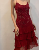 Burgundy Vintage A Line Spaghetti Strap Tiered Beaded Chiffon Evening Dress HZ1023