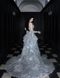 Silver Sequin Shiny Ball Gown Strapless Long Sweep Prom Dress Evening Dress Party Dress HZ1023