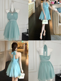 Gentle A Line Halter Rhinestone Blue Chiffon Open Back Homecoming Dress Cocktail Dress HZ1023