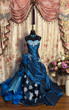 Exquisite Blue Ball Gown Spaghetti Strap Floral Satin Long Prom Dress Evening Dress HZ1023