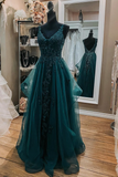 Dark Green Lace Beaded Long Prom Dresses, V Neck Backless Evening Dresses HZ1023
