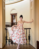 Princess A Line Spaghetti Strap Print Floral Satin Prom Dress 16th Birthday Dress HZ1023