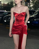 Strapless Red Satin Velvet Sheath Short Party Dress Homecoming Dress HZ1023