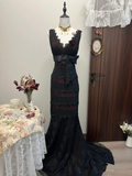 Vintage A Line V Neck Black Lace Tulle Prom Dress Evening Dress with Bow HZ1023