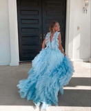 Light Sky Blue Princess Tulle Ruffle Straps Tiered Long Prom Dress HZ1023