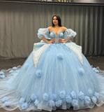 Romantic Poofy Baby Blue Floral Puff Sequin Tulle Ball Gown Quinceanera Dress HZ1023