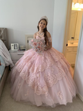 Pink Lace Appliques Ball Gown Sweet 16 Dress Quinceanera Dress HZ1023