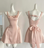 Cute A Line Straps Bow Light Pink Satin Short Homecoming Dress Cocktail Dress HZ1023