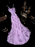 Vintage Mermaid Spaghetti Strap Purple Sequin Beaded Satin Long Sweep Party Dress Evening Dress HZ1023