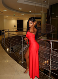 Sexy Sheath Halter V Neck Red Satin Prom Dress Evening Dress with Slit HZ1023